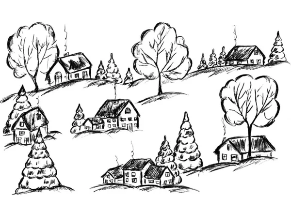 Village Winter Houses Trees Christmas Trees — Zdjęcie stockowe