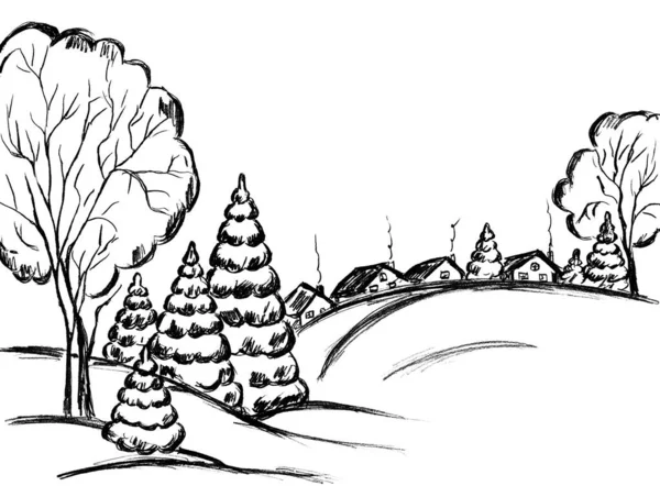 Село Взимку Будинками Деревами Ялинками — стокове фото