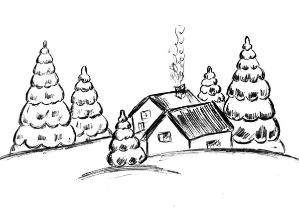 Village Winter Houses Trees Christmas Trees — Zdjęcie stockowe