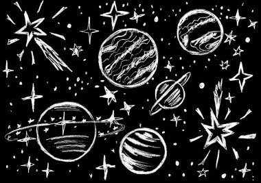 Göktaşları, gezegenler ve yıldızlarla dolu kozmik bir manzara.