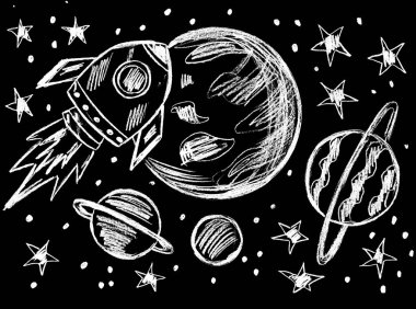 Yıldızlar ve gezegenler arasında uzayda uçan bir roket.