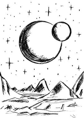 Yeryüzü, gezegenler ve yıldızlarla dolu kozmik bir manzara.