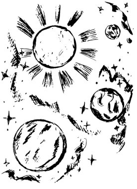  Beyaz bir zemin üzerinde yıldızlardan oluşan gezegenlerin siyah çizgisi