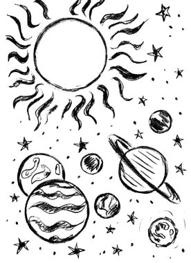 Yeryüzü, gezegenler ve yıldızlarla dolu kozmik bir manzara.