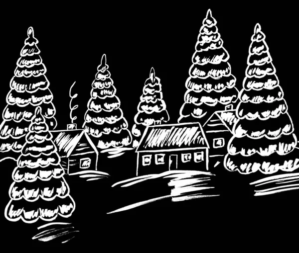 Winterlandschaft Mit Weihnachtsbäumen Und Einem Weißen Haus Auf Schwarzem Hintergrund — Stockfoto
