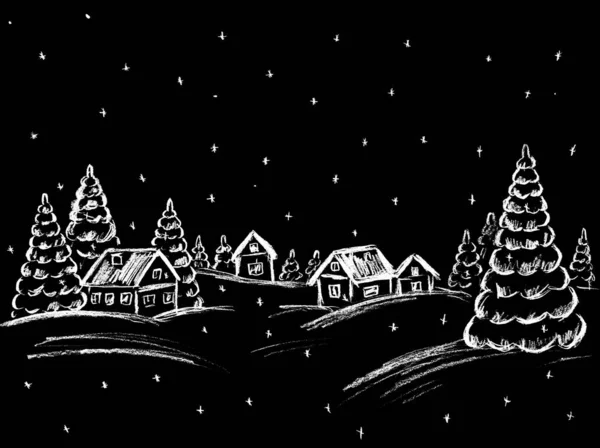 Paisagem Inverno Com Árvores Natal Uma Casa Branca Sobre Fundo — Fotografia de Stock