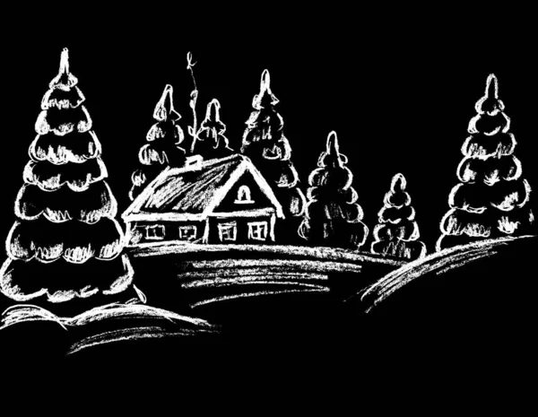 Winterlandschaft Mit Weihnachtsbäumen Und Einem Weißen Haus Auf Schwarzem Hintergrund — Stockfoto