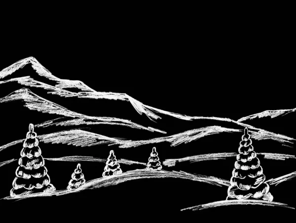 圣诞树和山都是白色的 背景是黑色的 — 图库照片