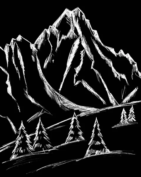 Weihnachtsbäume Und Berge Sind Weiß Auf Schwarzem Hintergrund — Stockfoto