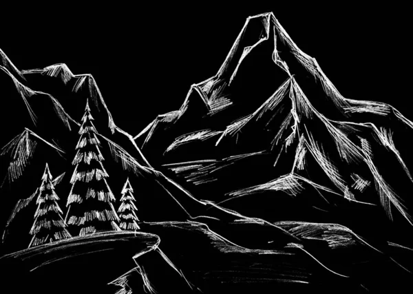 Weihnachtsbäume Und Berge Sind Weiß Auf Schwarzem Hintergrund — Stockfoto