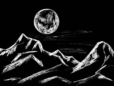 Dağ tepeleri gökyüzüne karşı Büyük bir ay ile