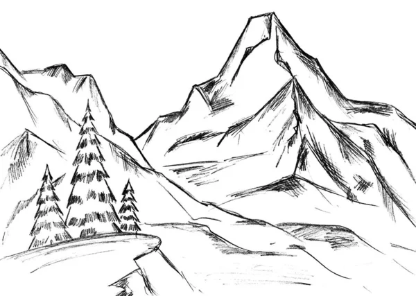 Landschaft Mit Bergen Und Weihnachtsbäumen Grafik — Stockfoto