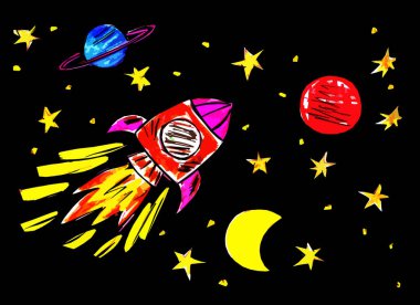 Yıldızlar ve gezegenler arasında uzayda uçan bir roket.