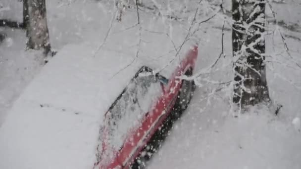 Prostředí pomalého pohybu bílého sněhu padajícího na červené auto pod stromy na parkovišti ve dvoře v zimě — Stock video