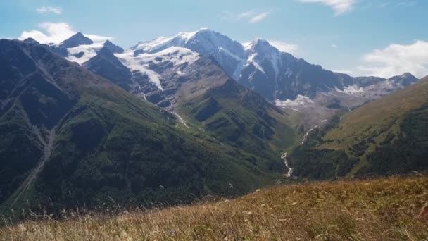 Hermoso paisaje de pradera alpina de montaña con cielo azul en verano día soleado — Vídeos de Stock
