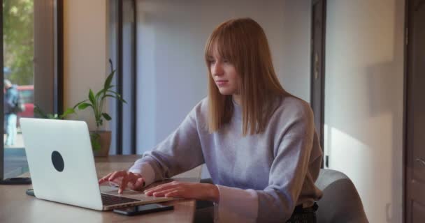Młoda blondynka freelance pracuje z laptopem w kawiarni pisząc uśmiech, mówiąc wow, siedząc sama przy stole z przenośnym komputerem. Ludzie i koncepcja nowoczesnych technologii — Wideo stockowe