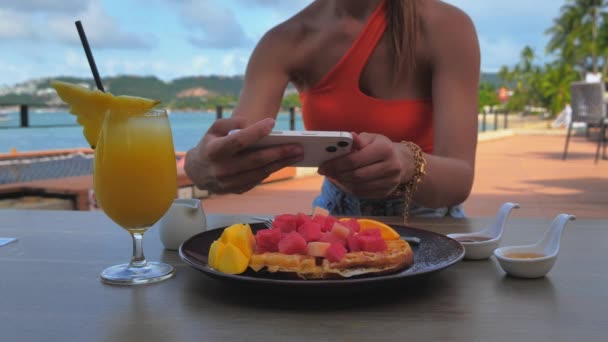 Frau fotografiert Essen mit Smartphone in Restaurant — Stockvideo