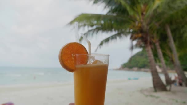 Nahaufnahme von frisch gepresstem Orangensaft mit der Meereslinie und Palmen im Hintergrund. — Stockvideo