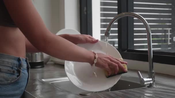 Câmera lenta de vídeo asiático dona de casa usar detergente de limpeza natural para lavar pratos — Vídeo de Stock