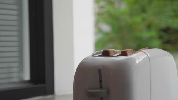 Gebratenes Toastbrot, das aus der Toaster-Maschine auftaucht, während Rauch austritt. Zwei Toastbrocken knallen aus Toaster — Stockvideo