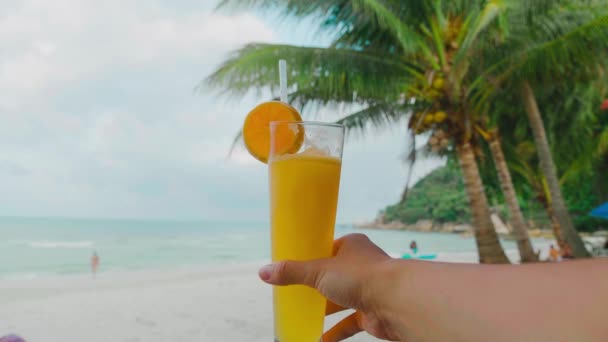 Female hand holding freshly squeezed orange juice with the ocean line and rocks on a background. — Stock Video