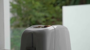 Tost makinesinden fırlayan kızarmış ekmek dumanı. Tost makinesinden fırlayan iki tost parçası..