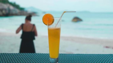 Jules, okyanusun arka planında Seyşeller Adası 'ndaki tropiklerde ananas ve portakal meyveleriyle kokteyl.