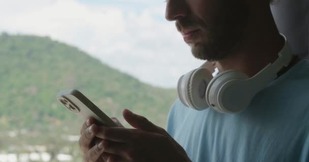 Man Using Smartphone Forest Sunset — Stok video