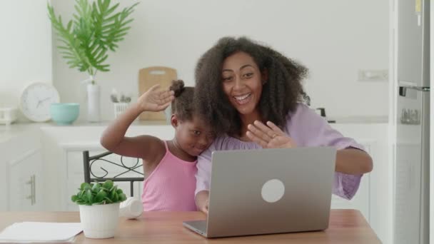 Cute Mother Daughter Using Laptop Make Video Call Communicates Online — Stockvideo