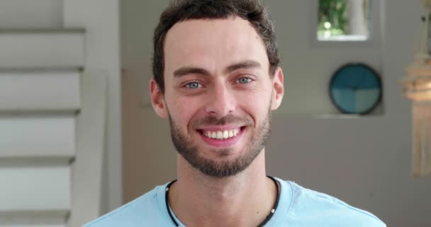 Confident Portrait Pleasant Positive Handsome Caucasian Young Man Smiling Toothy — Stok video