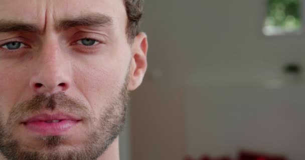 Headshot Caucasian Worried Bewildered Man Touching Bearded Chin Looking Pensively — Stockvideo