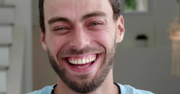 Headshot Focus Facial Expressions Positive Handsome European Guy Cheerfully Laughing — Video