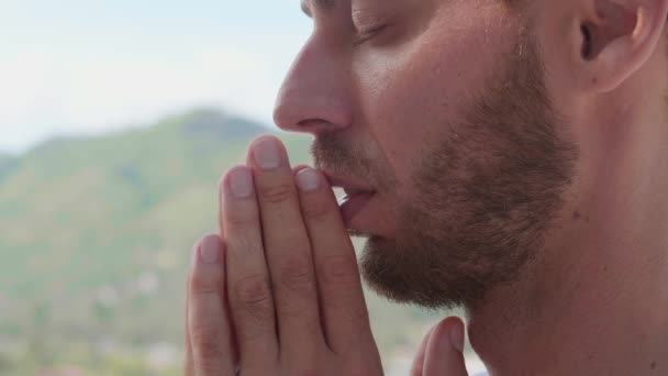 Close Man Whispering Prayer Quiet Voice While Praying God Being — 图库视频影像