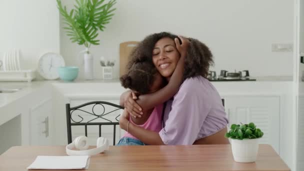 Loving Caring Mom Gently Hugs Her Adorable Litte Girl While — Vídeo de Stock