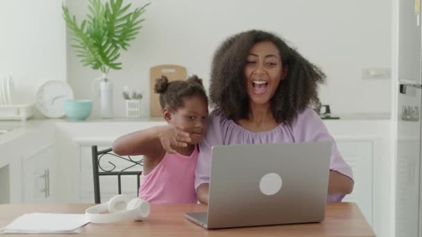 Multi Ethnic Family Two Mom Daughter Waving Hands While Having — Video Stock