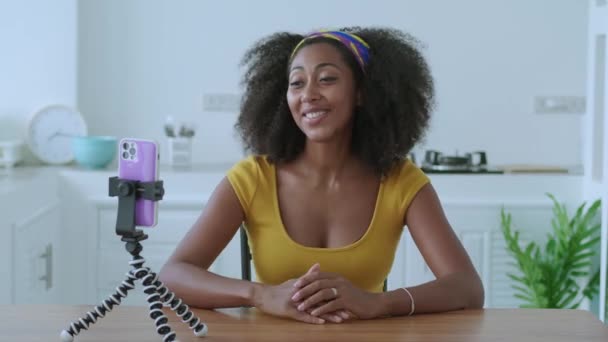 Attractive African Woman Records Video Content Her Blog Speaks Camera — Vídeo de stock