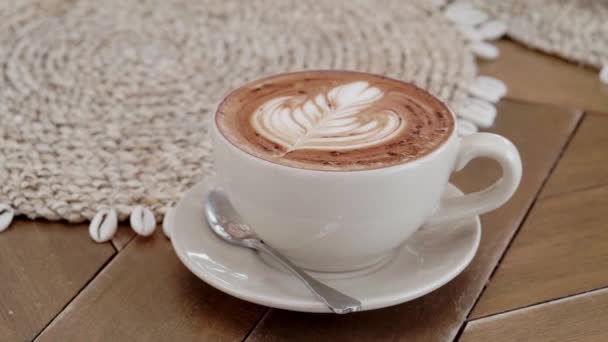 Coffee Cup Latte Coffee Small White Cup Light Wooden Table — Stock video