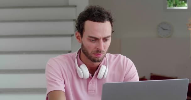 Exhausted Male Programmer Massaging Bridge His Nose Feeling Pain Due — Stock video
