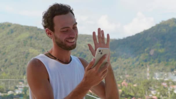 Cheerful Caucasian Man Standing Summer Terrace His Apartment Having Video — Stock Video