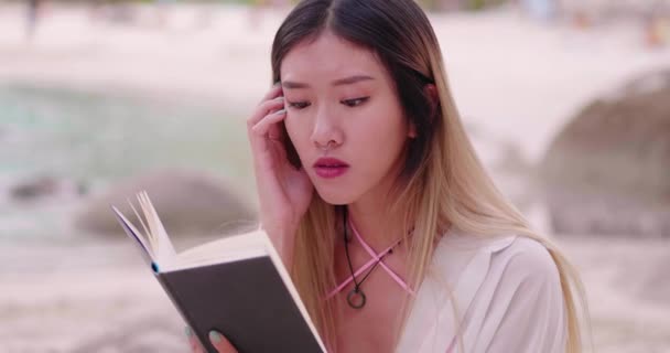 Close Delightful Asian Woman Reading Book Novel Enjoying Weekend Alone — Stock Video