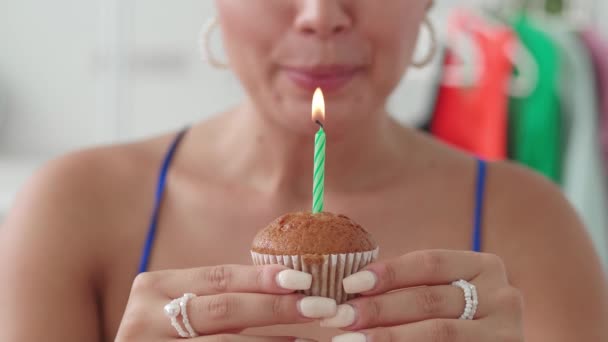 Baked Cupcake Hands Cute Woman Birthday Girl Blowing Out Candle — Stock Video