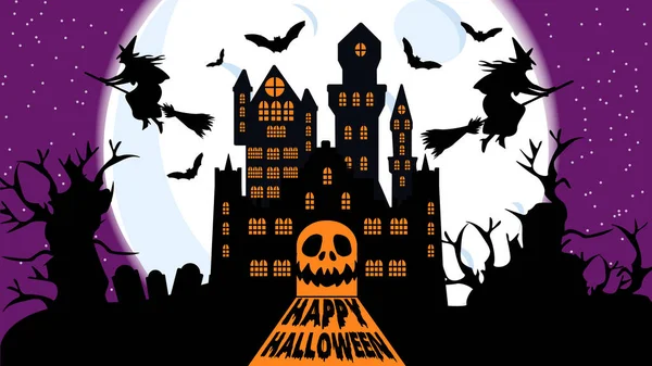 Halloween Fundo Vetor Noite Assustador Símbolos Férias Castelo Gótico Cemitério — Vetor de Stock