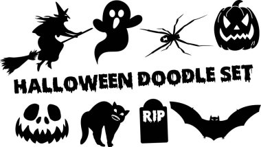 Cadılar Bayramı temalı büyülü bir tatil modeli. Süpürge üzerinde cadı, mezar, yarasa, kedi, hayalet, çirkin temalı balkabağı kafası, ürpertici bir gülümseme. Herhangi bir amaç için güzel bir arkaplan ya da doku. Doodle kümesi