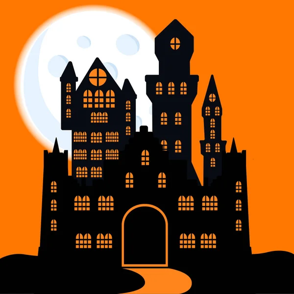 Castelo Halloween Casa Assombrada Vetor Edifício Assustador Fundo Lua Brilhante — Vetor de Stock