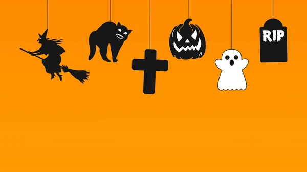 Feliz Halloween Fundo Ilustração Vetorial Halloween Pendurado Decorações Fundo Laranja — Vetor de Stock