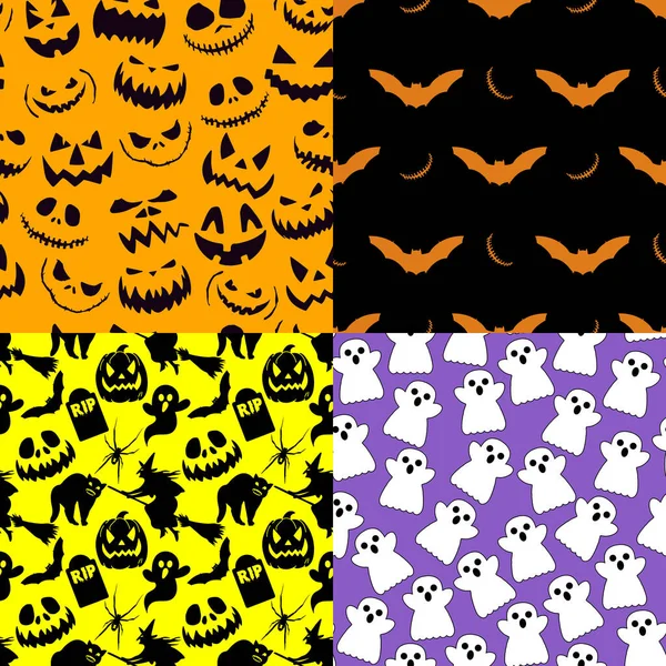 Patrón Sin Costuras Halloween Con Calabazas Bruja Escoba Tumba Murciélago — Archivo Imágenes Vectoriales
