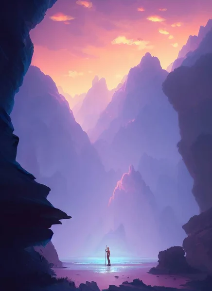 Wanderer Meets Dawn Mountains — Stock Photo, Image