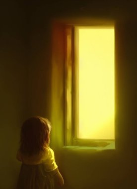 Küçük bir kız Pencerenin yanında nasıl bekliyor