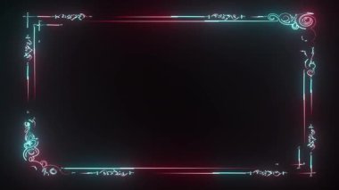 Kare dikdörtgen çiçekli çerçeve, izole edilmiş siyah arkaplanda üç tonluk neon renkli hareket grafiği var. Yeşil, kırmızı ve pembe ışıklar üst üste gelen elementte hareket eder. 4K video sürekli döngü .