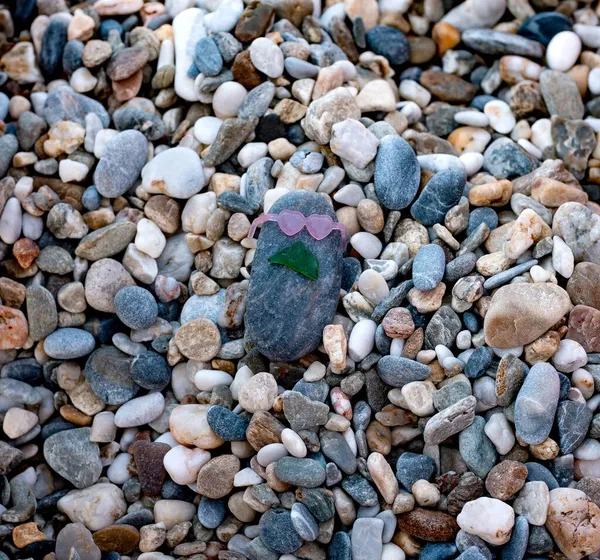 Pebble Stone Wearing Sunglasses Mustaches Pebble Beach Summer Day Creativity — Stock Photo, Image